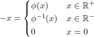 \[-x = \begin{cases} \phi(x) & x\in \mathbb{R}^+  \\\phi^{-1}(x) & x\in \mathbb{R}^- \\0 & x = 0\end{cases}\]
